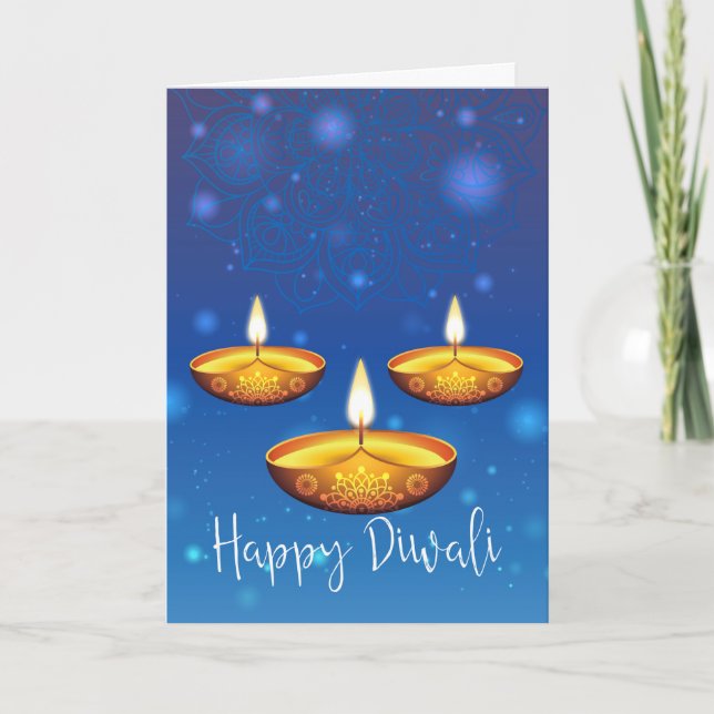 Diwali Greeting With Lamps, Blue Background Bokeh Card (Front)