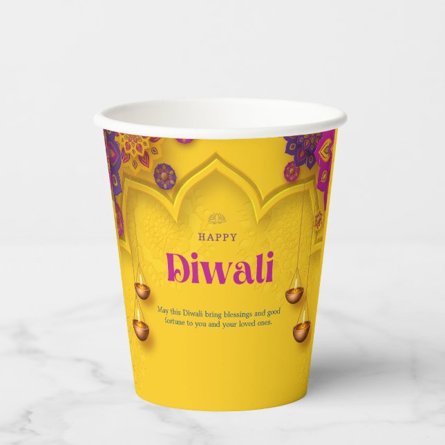 Diwali Greeting Yellow Purple Floral Personalized Paper Cups (Front)