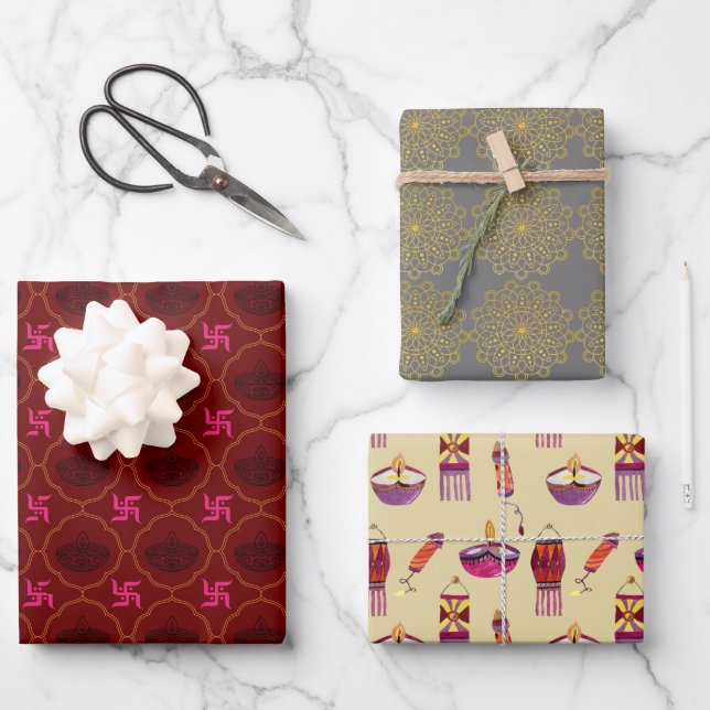 Diwali, indian motif gift wrapping 3 sheets set. (Front)