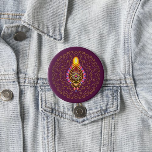 Diwali Jewelled Diya Candle Design Mandala Purple  Button