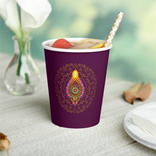 Diwali Jewelled Diya Candle Design Mandala Purple Paper Cups