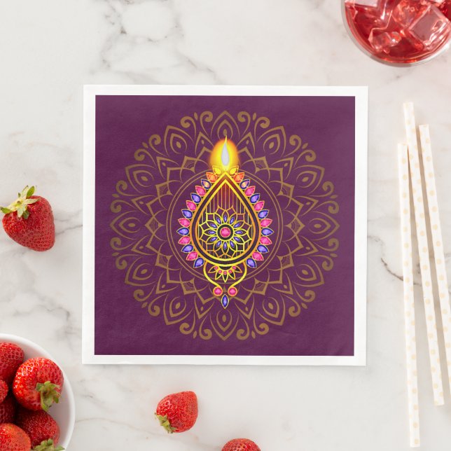 Diwali Jewelled Diya Candle Design Mandala Purple  Paper Dinner Napkins (Insitu)