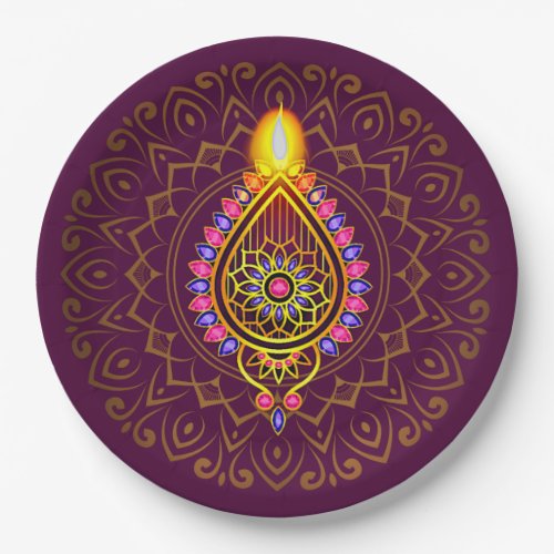 Diwali Jewelled Diya Candle Design Mandala Purple Paper Plates