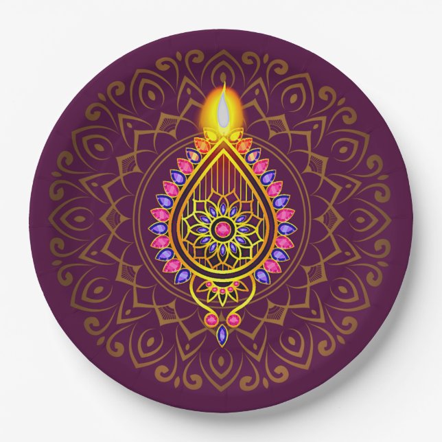 Diwali Jewelled Diya Candle Design Mandala Purple Paper Plates (Front)
