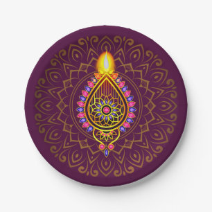 Diwali Jewelled Diya Candle Design Mandala Purple Paper Plates