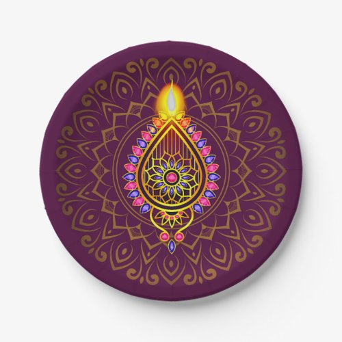Diwali Jewelled Diya Candle Design Mandala Purple  Paper Plates
