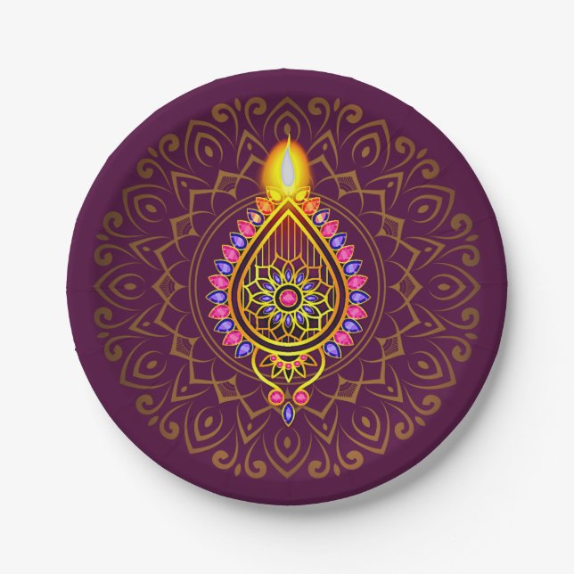 Diwali Jewelled Diya Candle Design Mandala Purple  Paper Plates (Front)