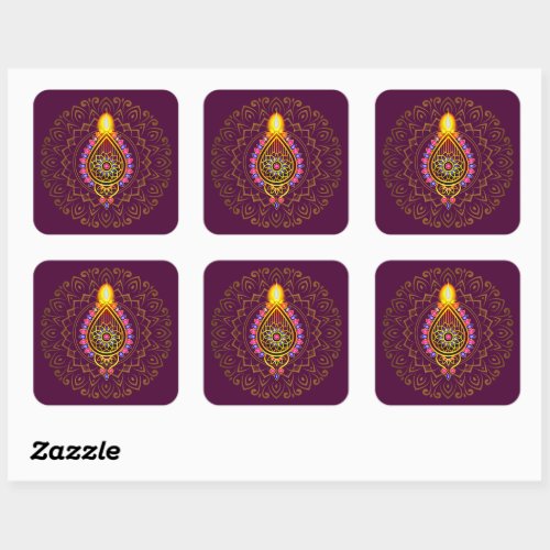 Diwali Jewelled Diya Candle Design Mandala Purple  Square Sticker