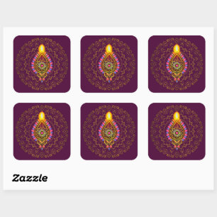 Diwali Jewelled Diya Candle Design Mandala Purple Square Sticker
