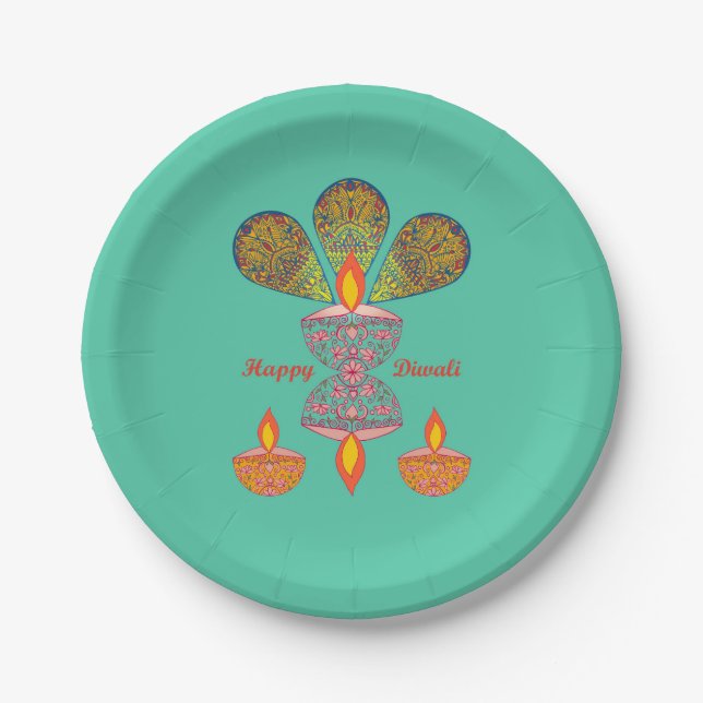 Diwali Lamps - Turquoise Paper Plates (Front)
