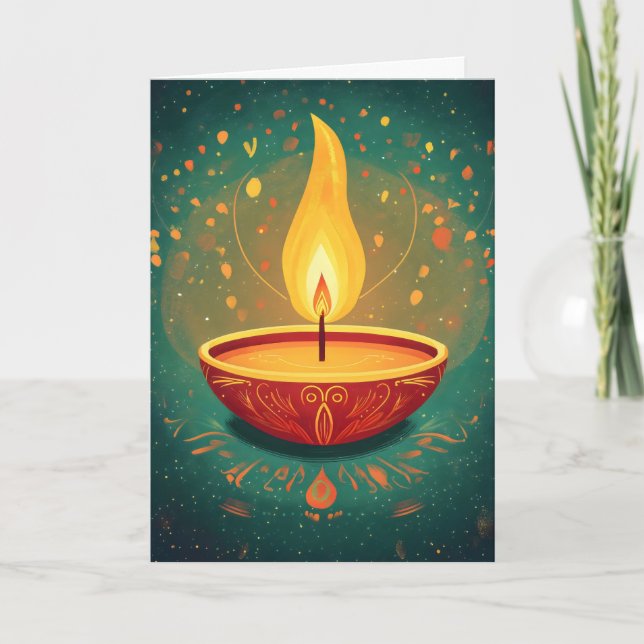 Diwali Light Lamp Green Holiday Card (Front)