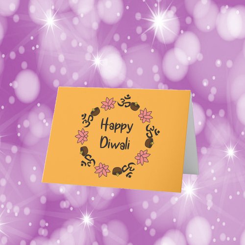 Diwali Lotus Flower Diya Candle Aum Orange  Thank You Card