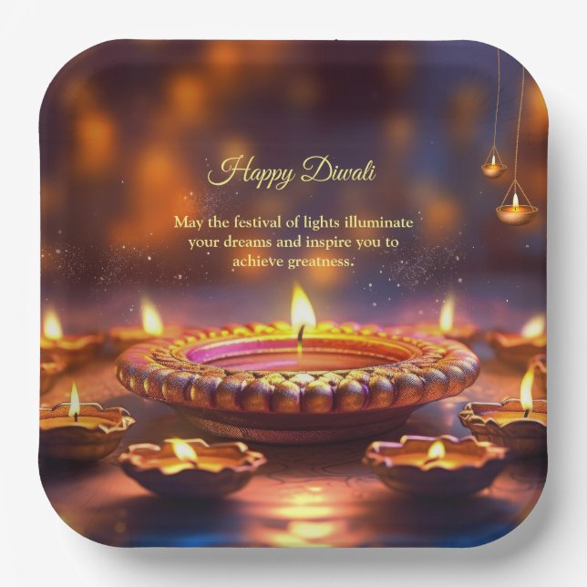Diwali Orange Brown Golden Lamp Diyas  Paper Plates (Front)