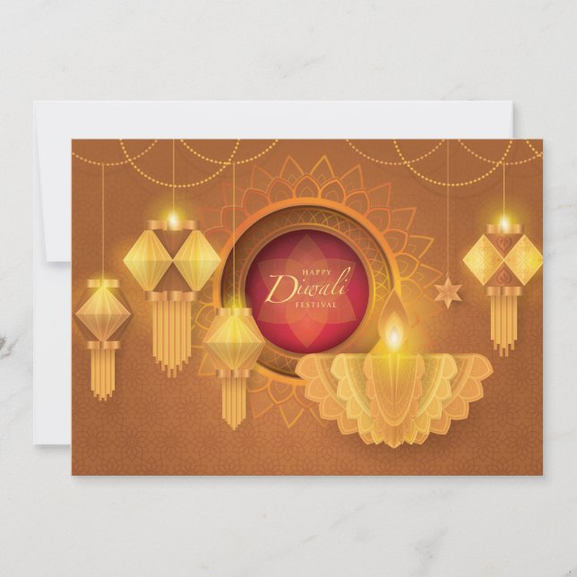 Diwali Papercut Deepa & Lanterns, gold Invitation (Front)