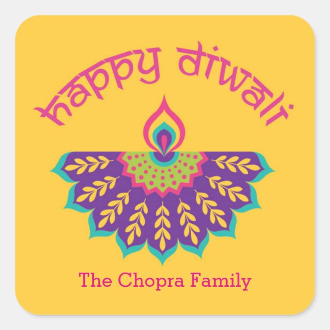 Diwali Party Favor Sticker with Diya Illustration (Front)