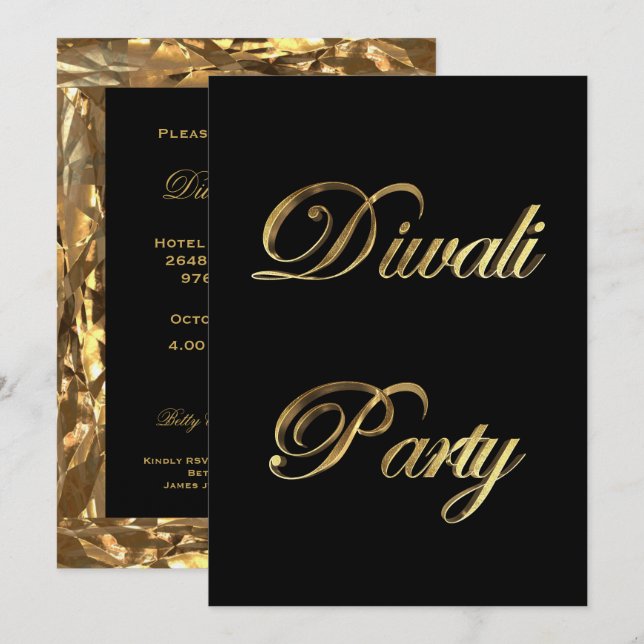 Diwali Party Invitation Elegant Black and Gold (Front/Back)