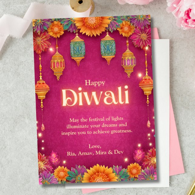 Diwali Pink Festive Flower Lamp Lights Greeting Invitation (Creator Uploaded)