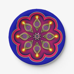 Diwali Purple Diya Flame Lotus Mandala Blue 7" Paper Plates