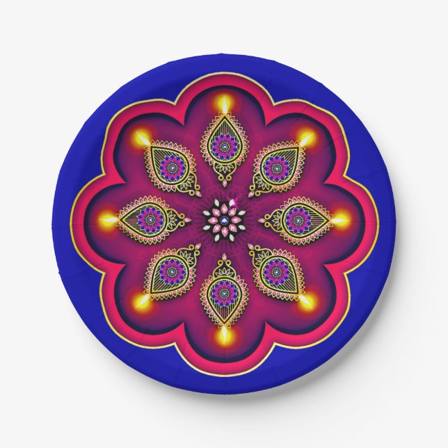  Diwali Purple Diya Flame Lotus Mandala Blue 7" Paper Plates (Front)