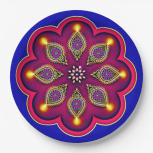  Diwali Purple Diya Flame Lotus Mandala Blue 9" Paper Plates