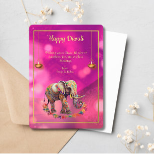 Diwali Purple Gold Elephant Lamps Holiday Card
