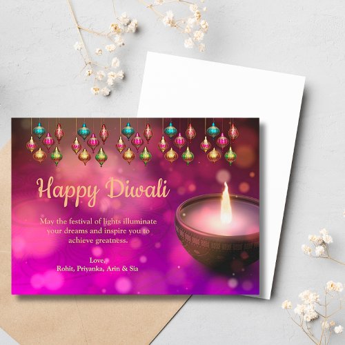 Diwali Purple Gold Mandala Lamp Greeting Holiday Card