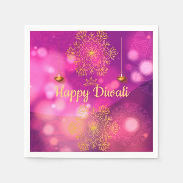 Diwali Purple Gold Mandala Lamps Napkins (Front)