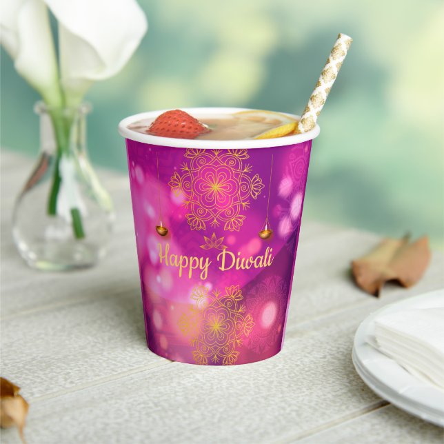 Diwali Purple Gold Mandala Lamps Paper Cups (Insitu)