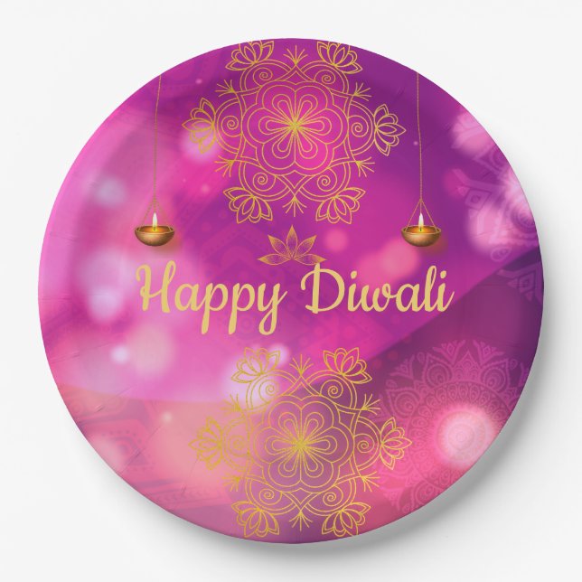 Diwali Purple Gold Mandala Lamps Paper Plates (Front)