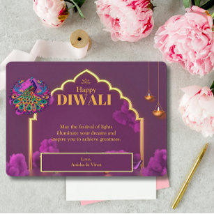 Diwali Purple Gold Peacock Lamp Greeting Holiday Card