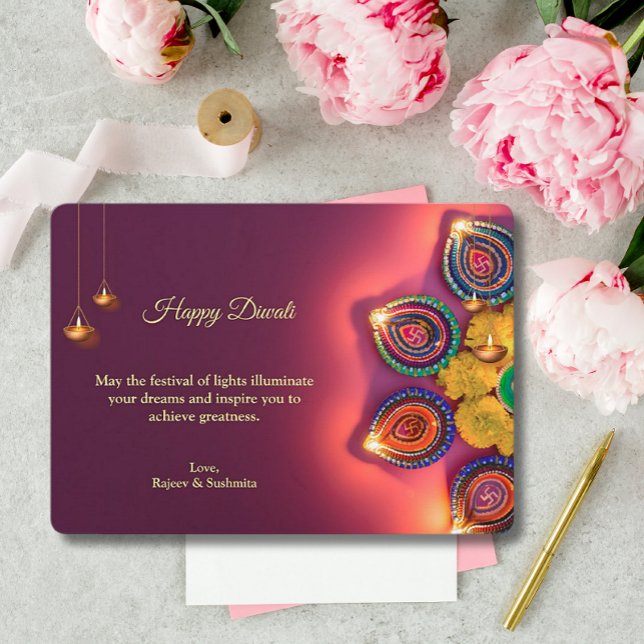 Diwali Purple Golden Lamp Diyas Greeting Holiday Card (Creator Uploaded)