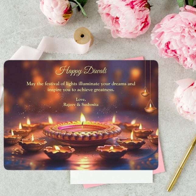 Diwali Purple Golden Lamp Diyas Greeting Holiday Card (Creator Uploaded)