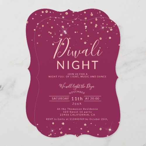 Diwali purple rose gold glitter confetti script invitation