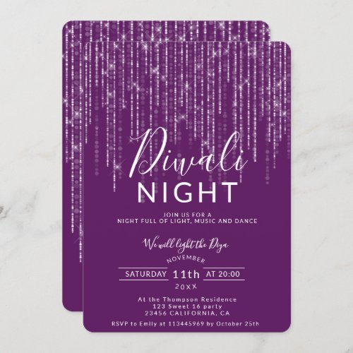 Diwali purple white glitter string lights script invitation