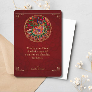 Diwali Red Gold Colorful Peacock Holiday Card