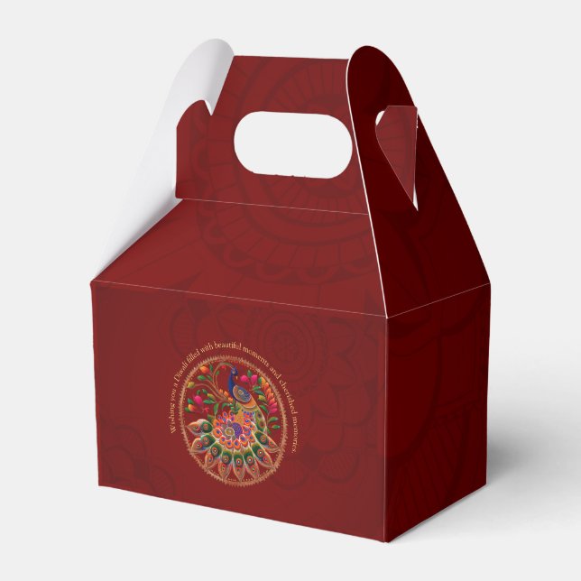 Diwali Red Gold Colorful Peacock Personalized  Favor Boxes (Front Side)