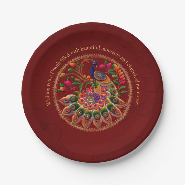 Diwali Red Gold Colorful Peacock Personalized  Paper Plates (Front)