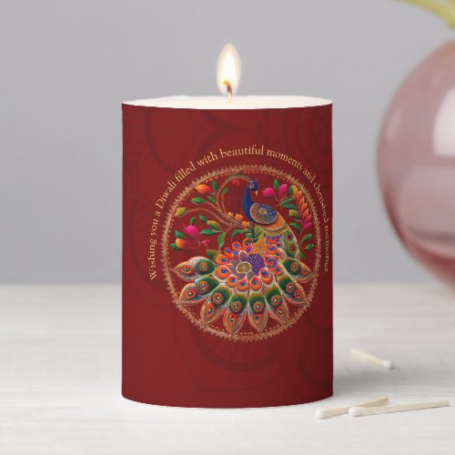 Diwali Red Gold Colorful Peacock Personalized  Pillar Candle