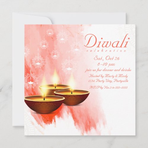 Diwali Red Watercolor with Diyas Invitation