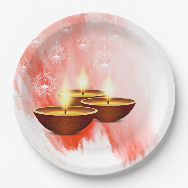Diwali Red Watercolor with Diyas Paper Plates (Front)