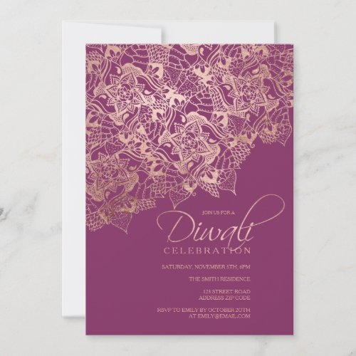 Diwali typography faux rose gold mandala on purple invitation