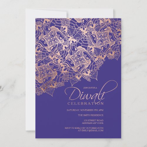 Diwali typography rose gold mandala blue purple invitation