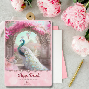 Diwali White Peacock Pink Floral Greeting Holiday Card