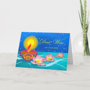 Diwali Wishes for Friend, Diya Lamp and Lotus Card