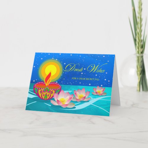 Diwali Wishes for Secret Pal Diya Lamp and Lotus Card