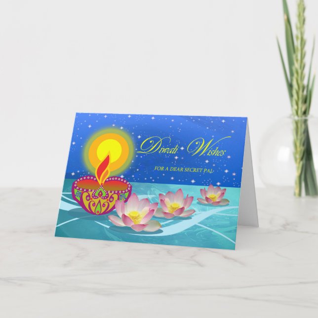 Diwali Wishes for Secret Pal, Diya Lamp and Lotus Card (Front)
