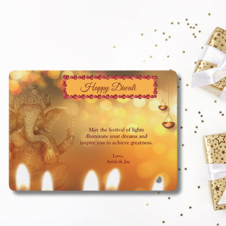 Diwali Yellow Gold Ganesh Lamp Diyas Greeting Holiday Card