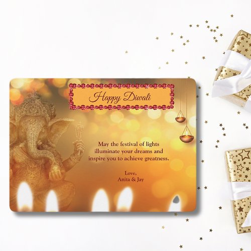 Diwali Yellow Gold Ganesh Lamp Diyas Greeting Holiday Card