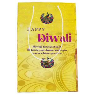 Diwali Yellow Mandala Lamp Peacock Personalized Medium Gift Bag