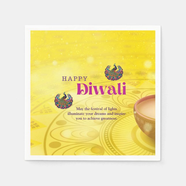 Diwali Yellow Mandala Lamp Peacock Personalized Napkins (Front)